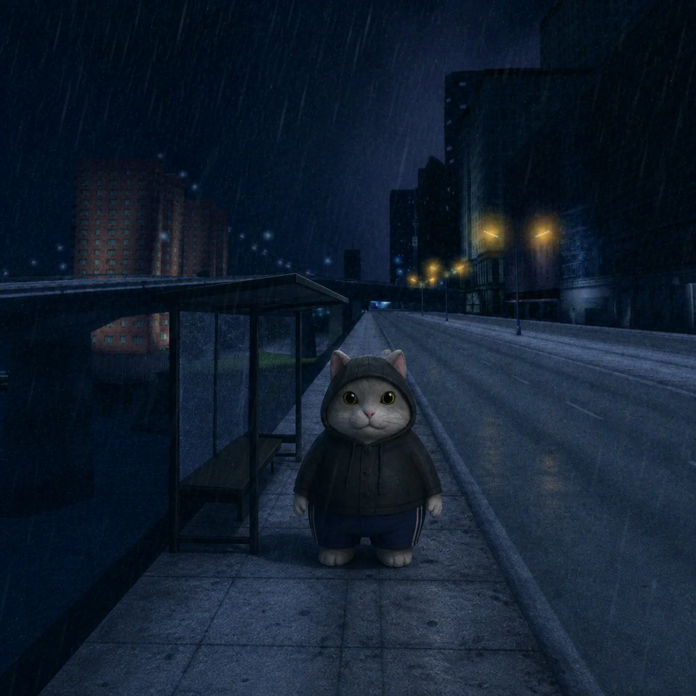 Cat in a hooded raincoat waiting at a night bus stop