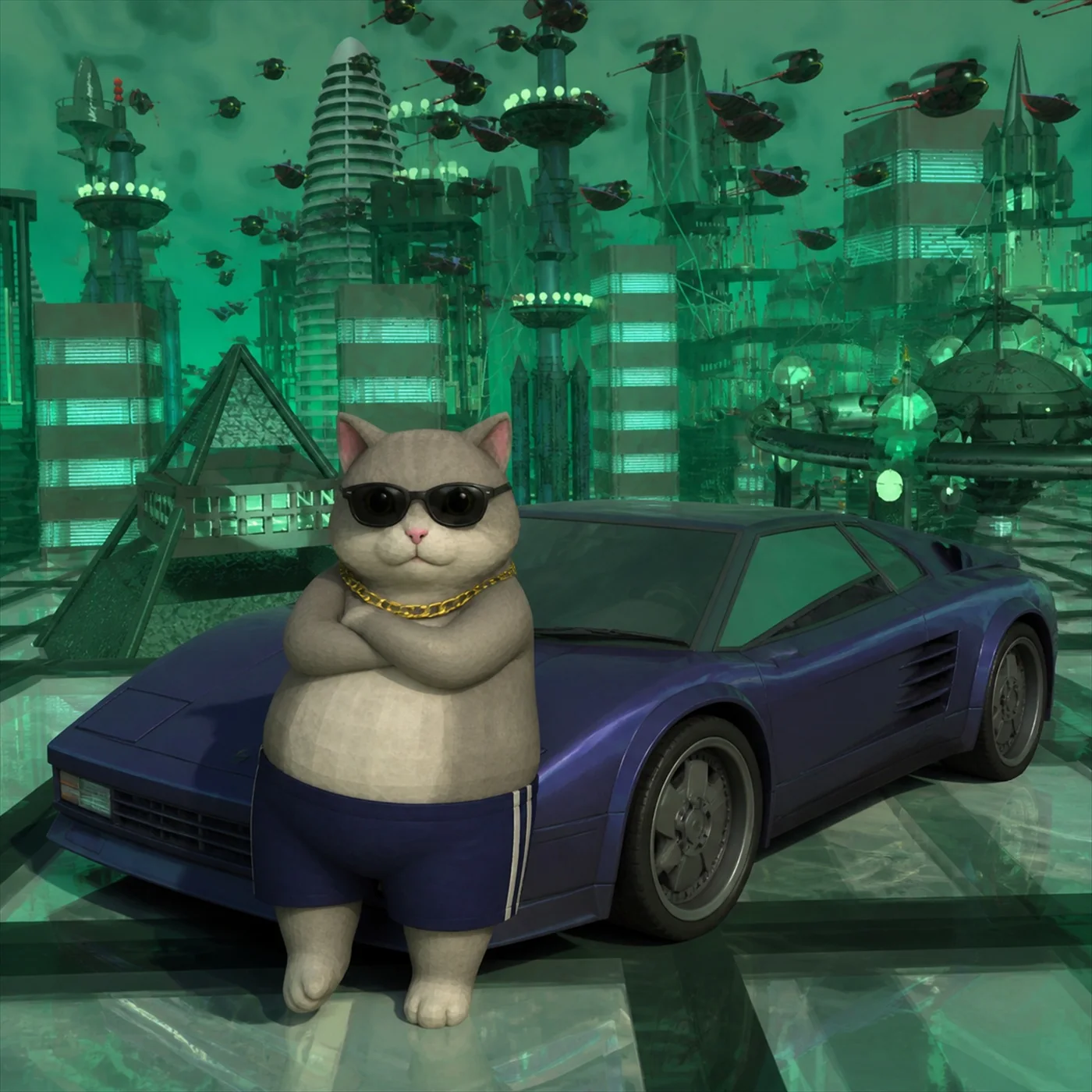 Cat in sunglasses leaning on a sports car